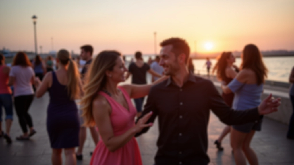 Beachside dance social in Dún Laoghaire with adults dancing near the seafront at sunset