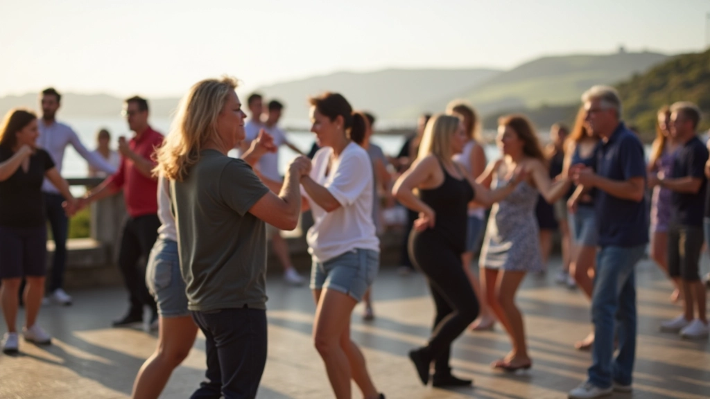 Coastal dance community gathering with dancers connecting through movement on an Irish beach
