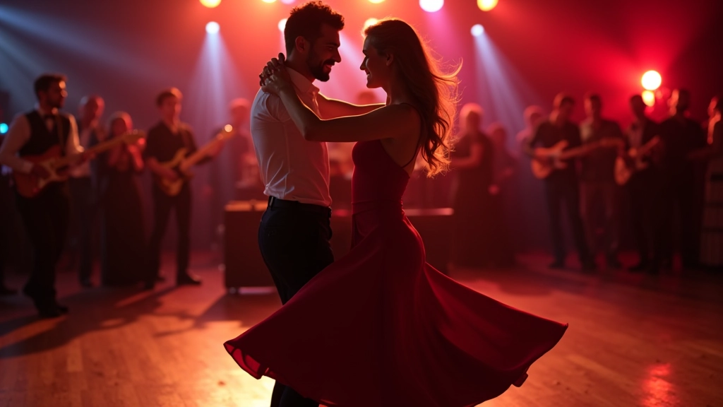 Dancers performing salsa at a Cork competition venue with live band and enthusiastic crowd