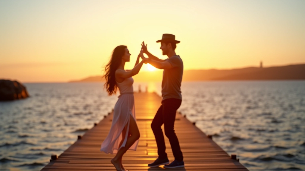 Couples dancing on Dún Laoghaire pier during late afternoon light with blue-gold sky reflecting on calm water