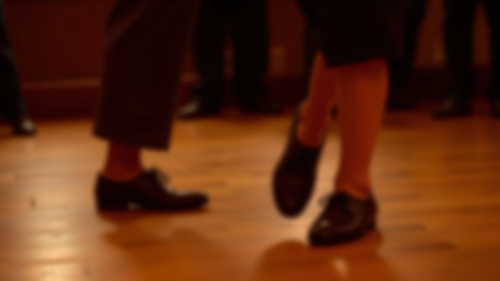 Close-up of dancing feet in leather shoes on wooden dance floor, showing proper dance footwork and floor connection
