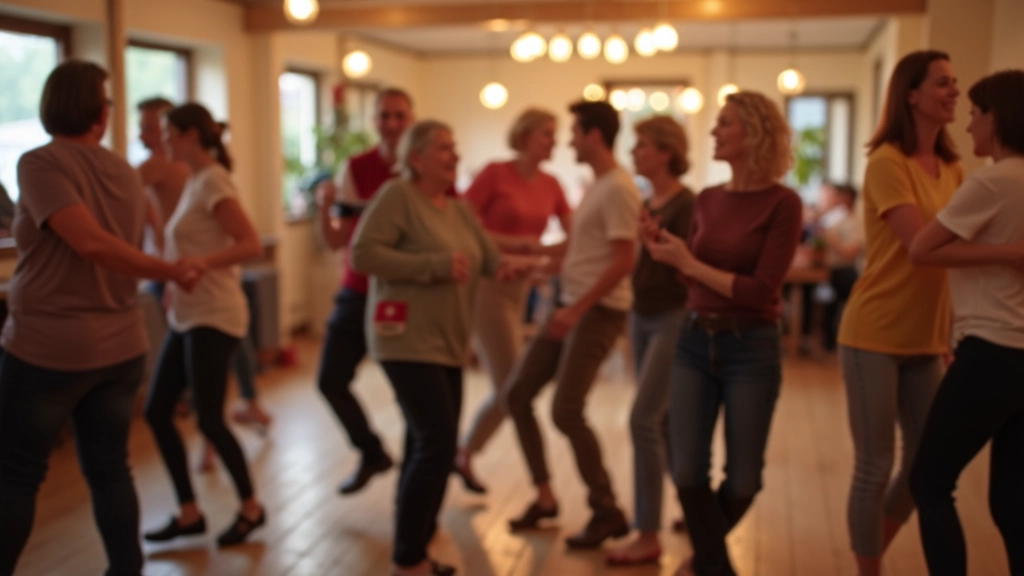 Group of mature adults dancing together in a community center with wooden floors and warm lighting