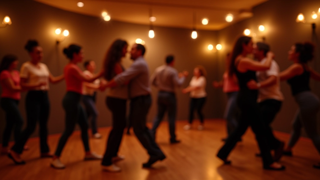 Diverse group of adults dancing kizomba together in a warm, welcoming dance studio with wooden floors and soft amber lighting