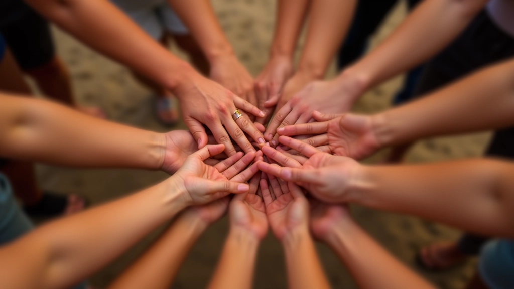 Hands together of diverse group members showing unity and connection during a beach social gathering