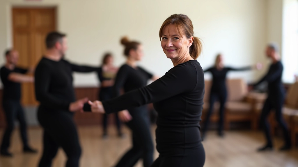 Instructor teaching kizomba to a class of adults in a simple community hall with natural window light