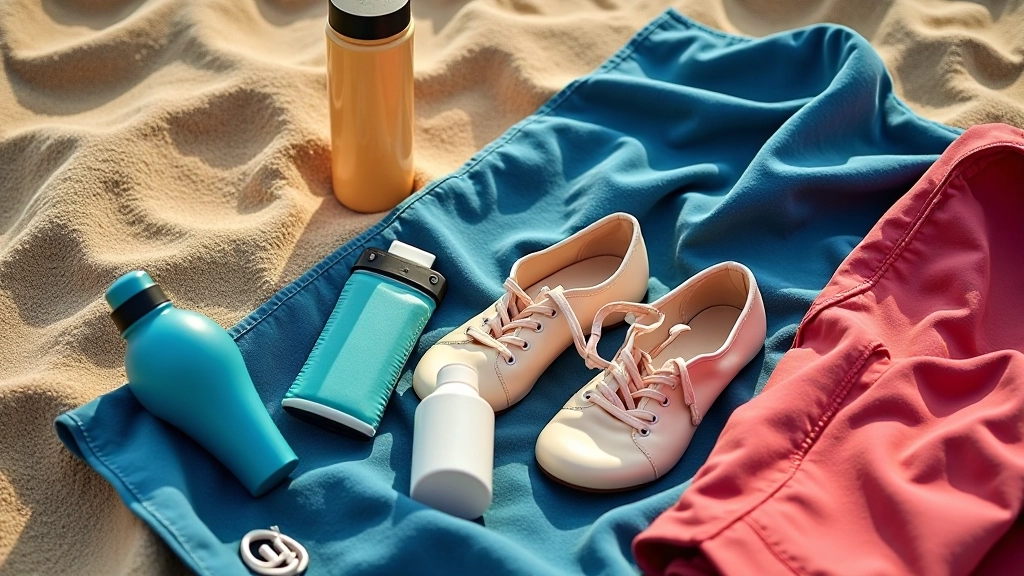 Laid out items on beach towel: dance shoes, light jacket, water bottle, sunscreen, and phone in waterproof case