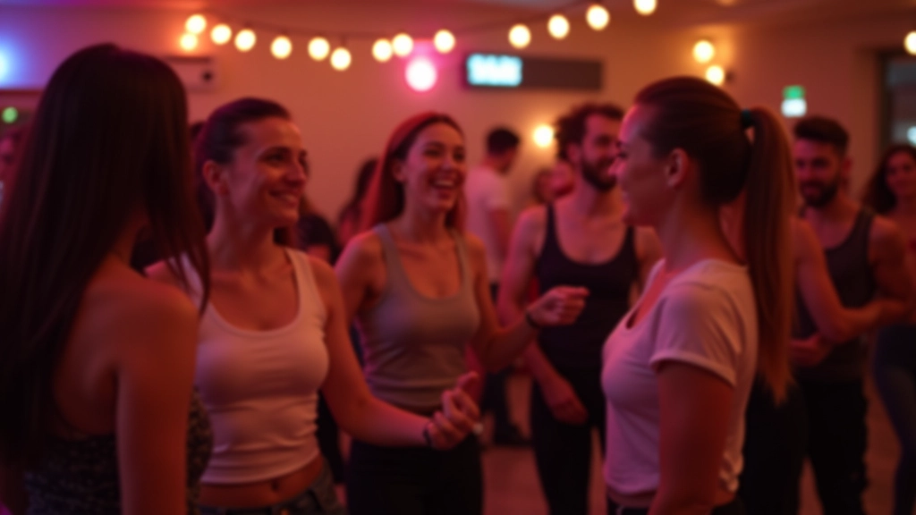 Group of diverse adults of various ages smiling and socializing at a dance venue, relaxed and friendly atmosphere