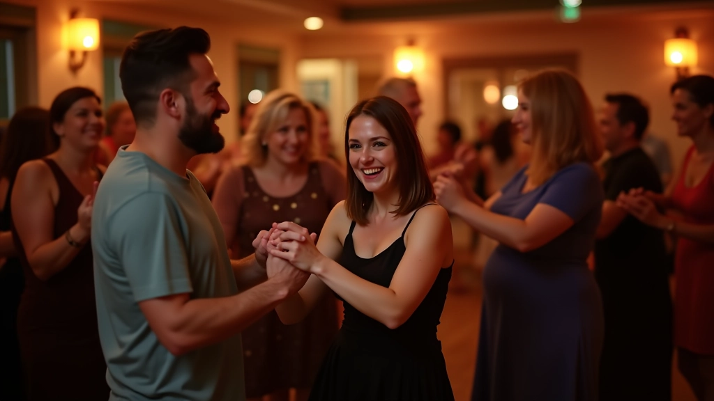 Mature adults dancing together at a social dance gathering