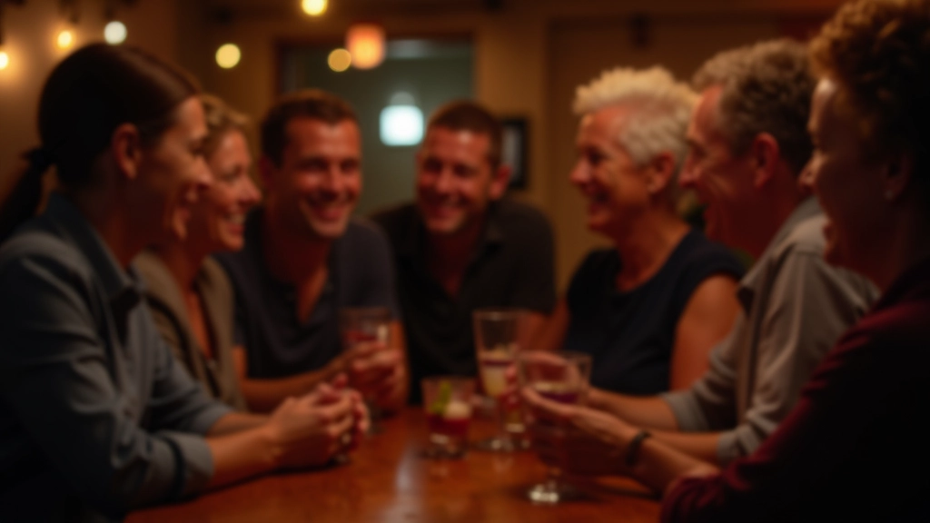 Group of mature adults socializing at a Cork dance venue with drinks and casual conversation