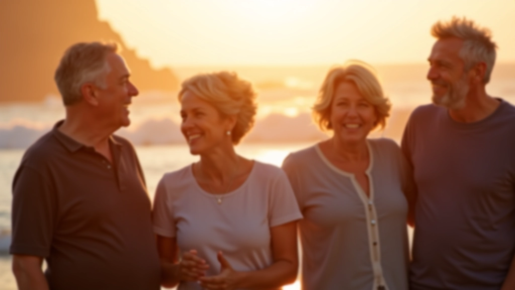 Group of mature dancers smiling and chatting on the beach during evening light, relaxed social atmosphere