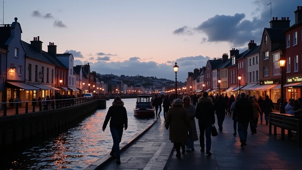 Irish coastal town harbor with buildings and waterfront, scenic coastal setting